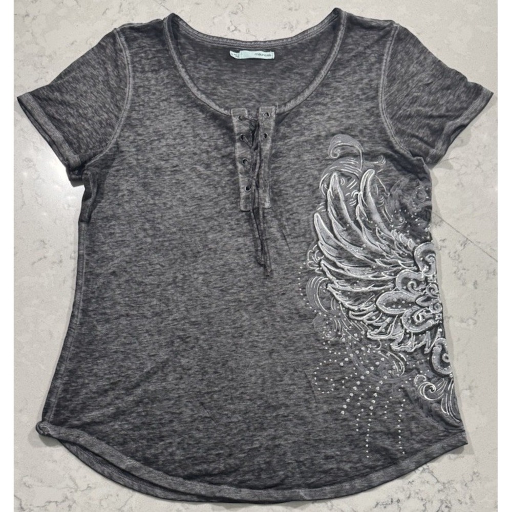 Maurices Angel Wing Studded T-Shirt Womens XL Gray Burnout Lace Up Graphic Tee